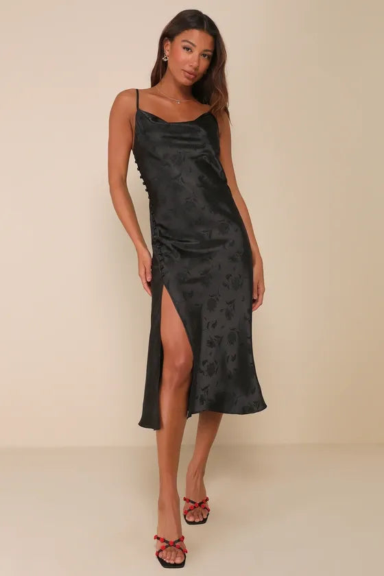 All About You Black Floral Jacquard Satin Midi Dress