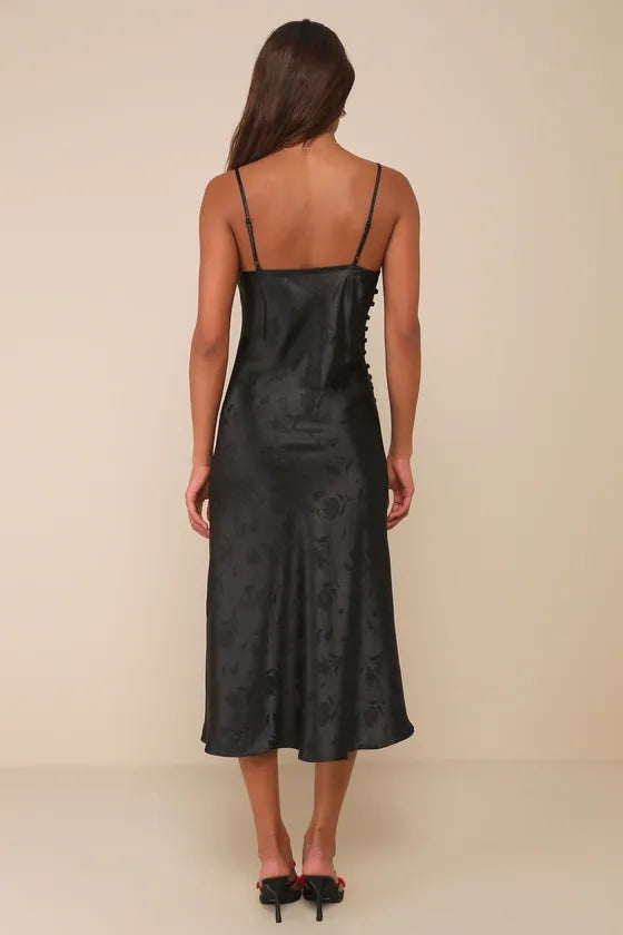 All About You Black Floral Jacquard Satin Midi Dress