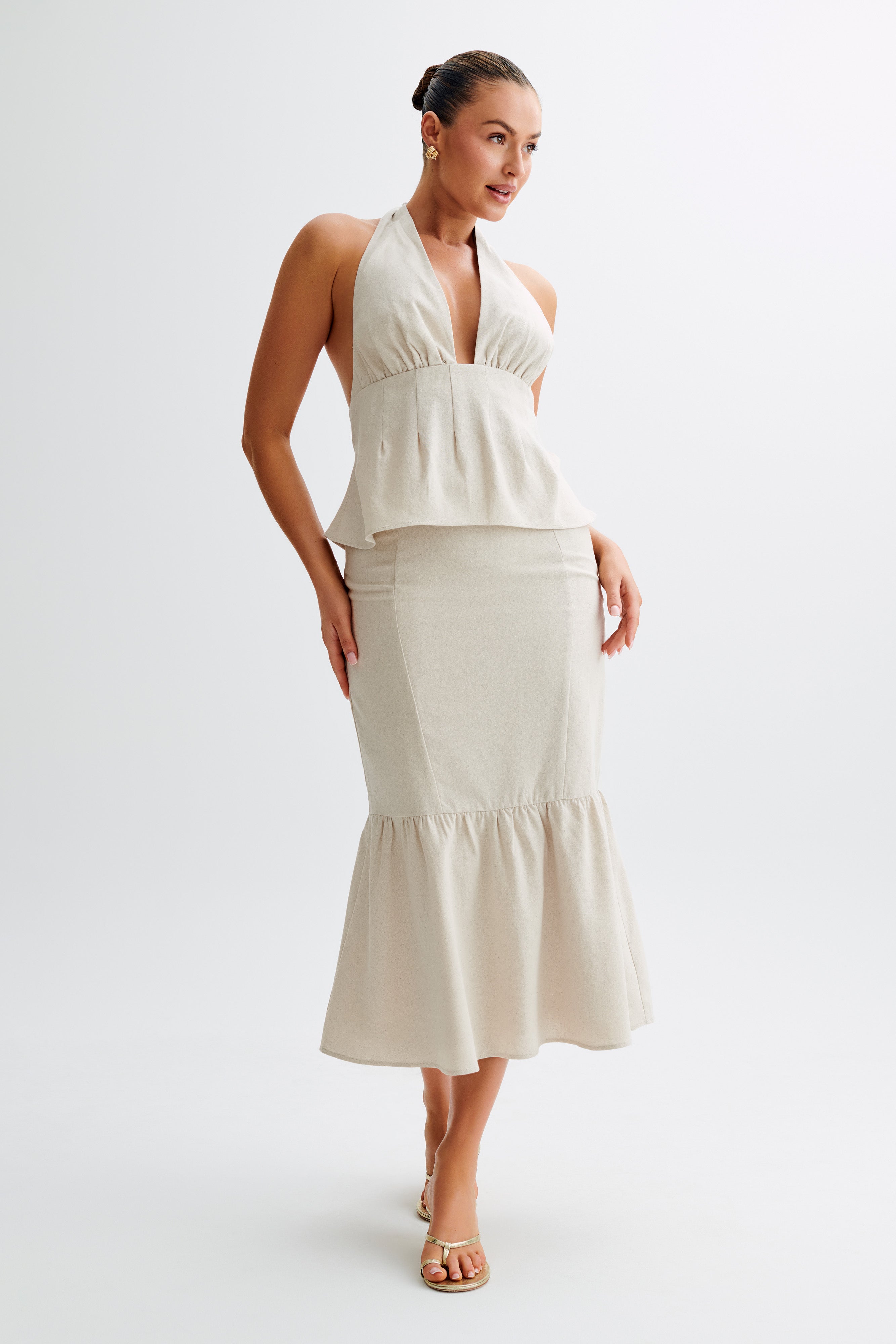 Venezia Linen Midi Skirt With Ruffle - Natural