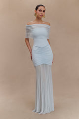 Caspian Slinky And Mesh Off Shoulder Maxi Dress - Pale Blue