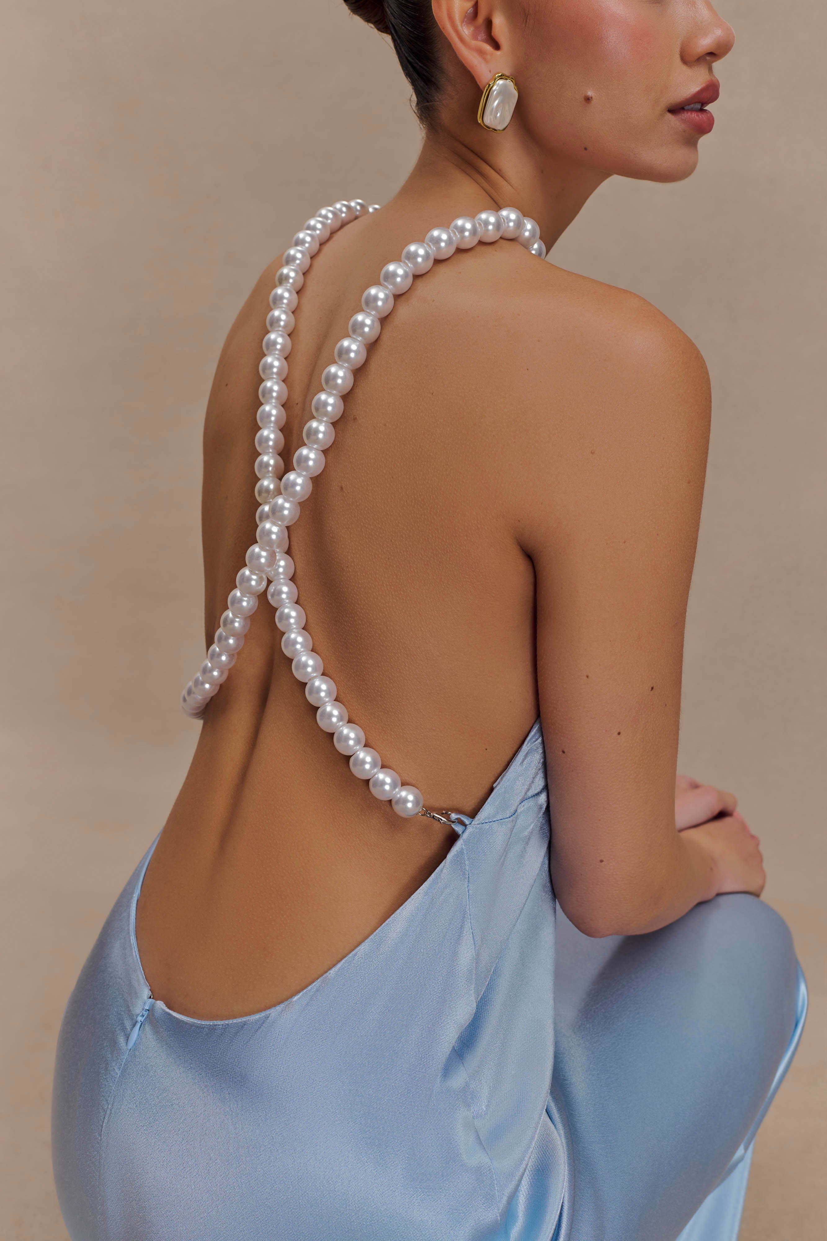 Blanche Satin Pearl Halter Maxi Dress - Cornflower Blue
