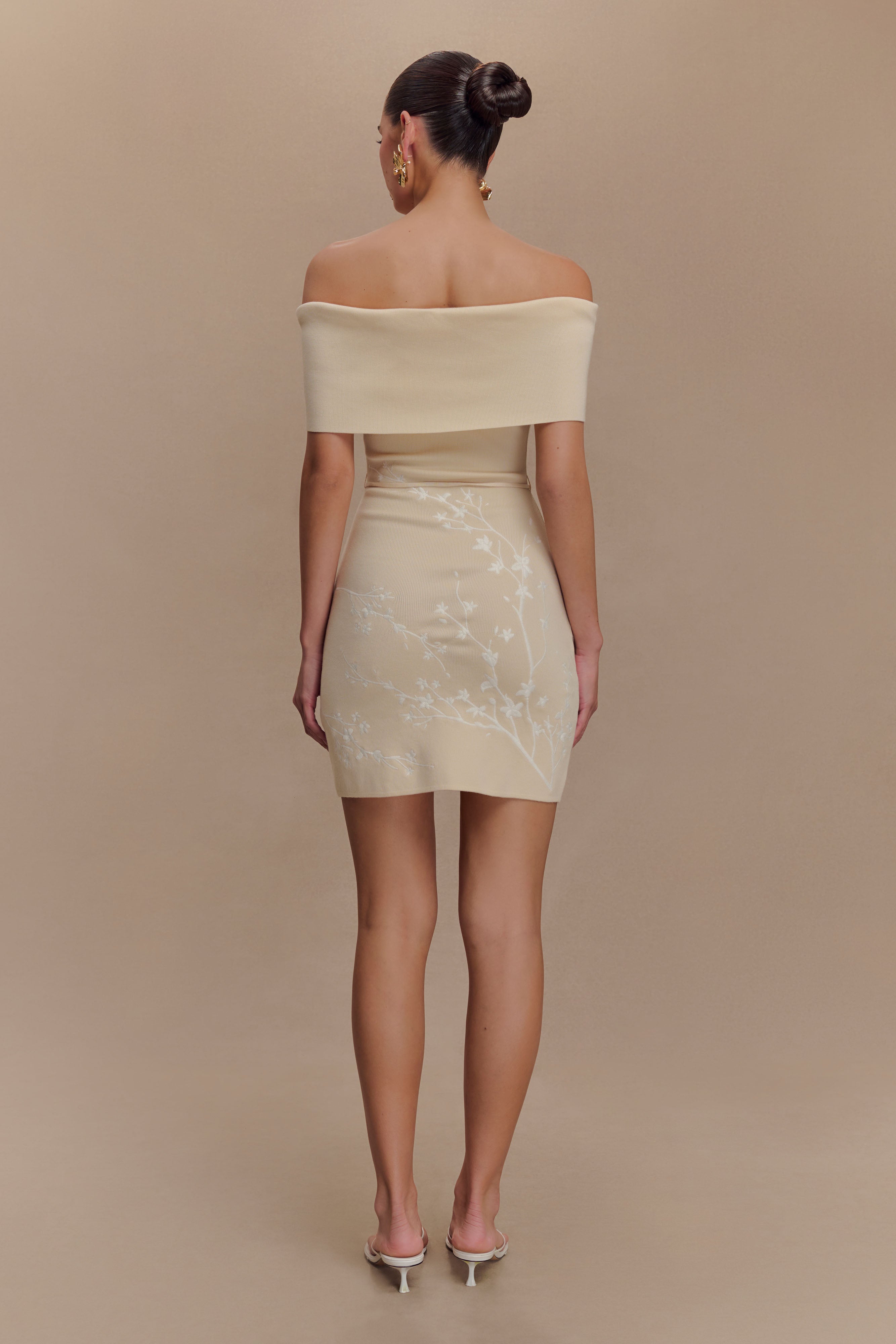 Mallory Off Shoulder Embroidered Knit Mini Dress - Cream And Ivory