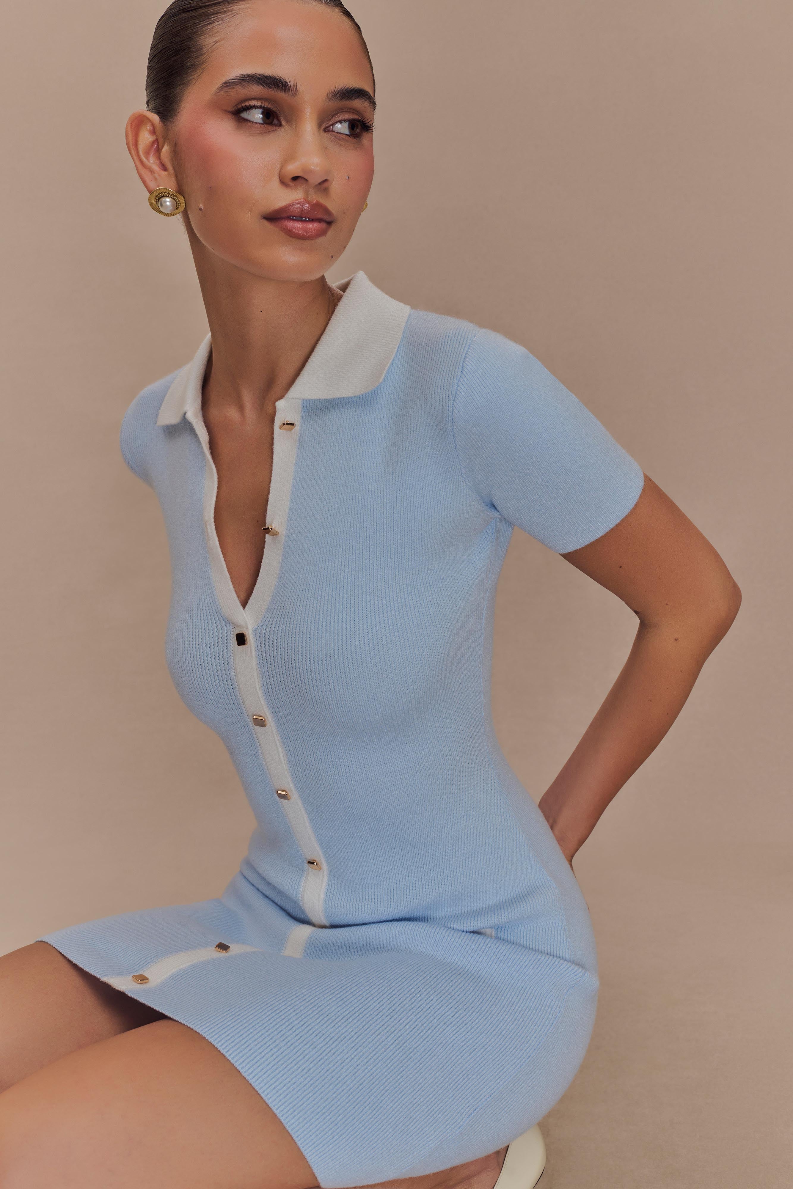 Seema Contrast Mini Dress - Light Blue/White