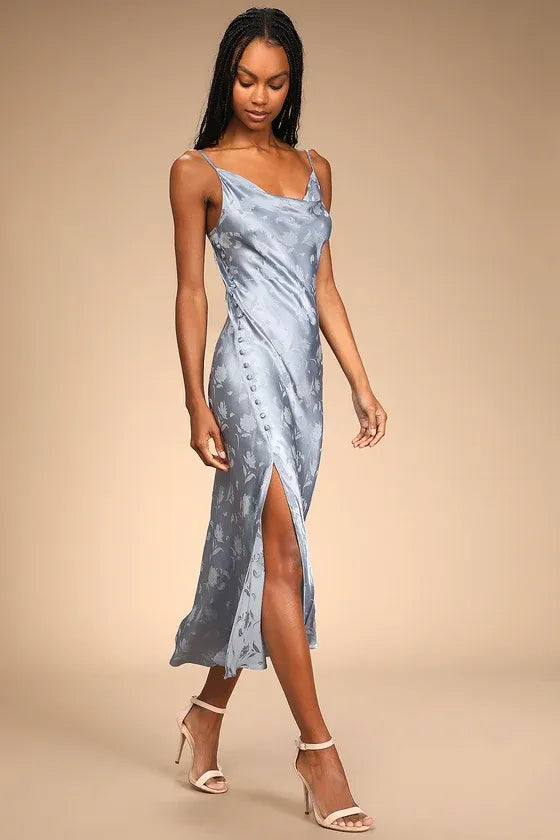 All About You Slate Blue Floral Jacquard Satin Midi Dress
