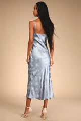 All About You Slate Blue Floral Jacquard Satin Midi Dress