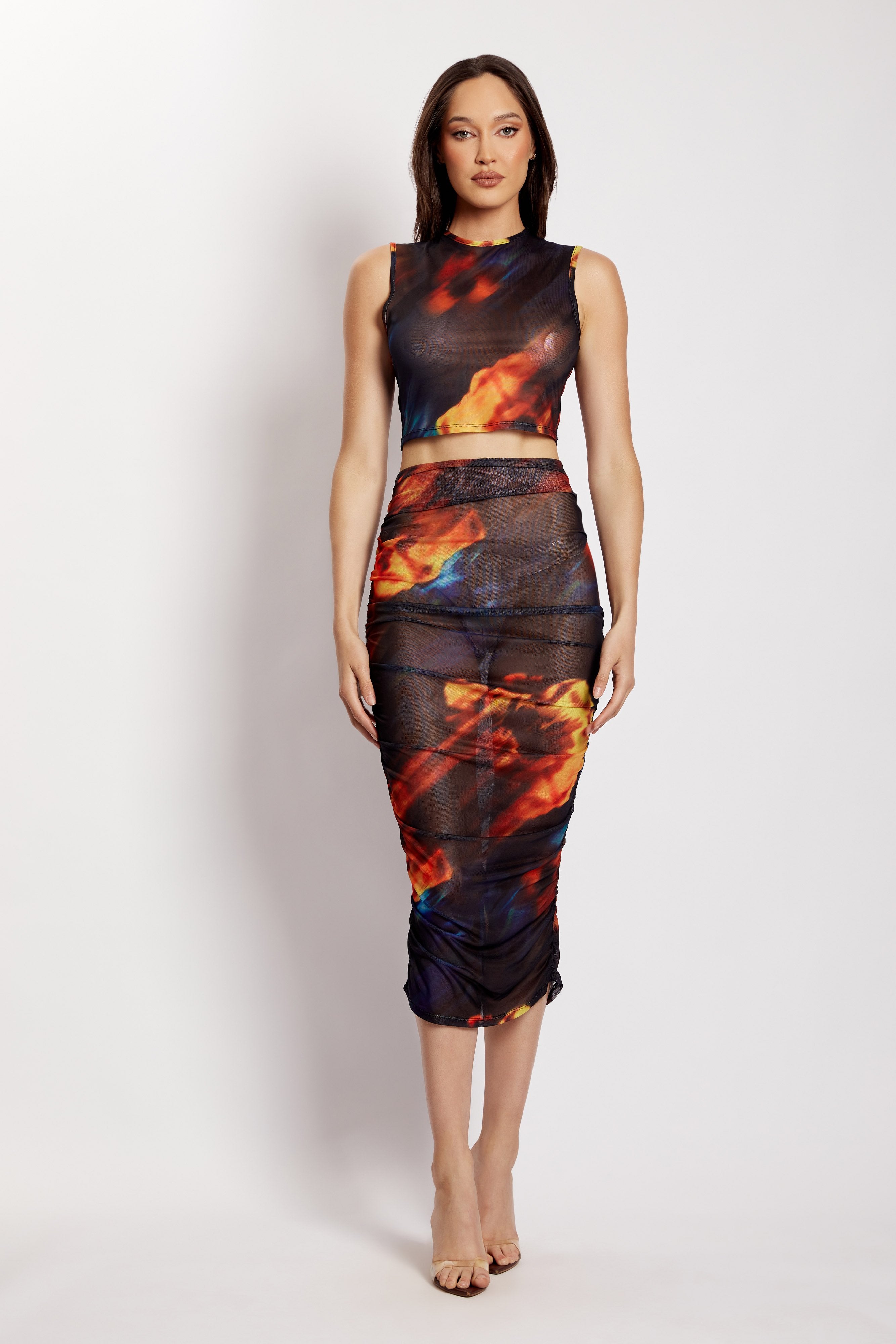 Nessa Mesh Ruched Midi Skirt - Abstract Floral