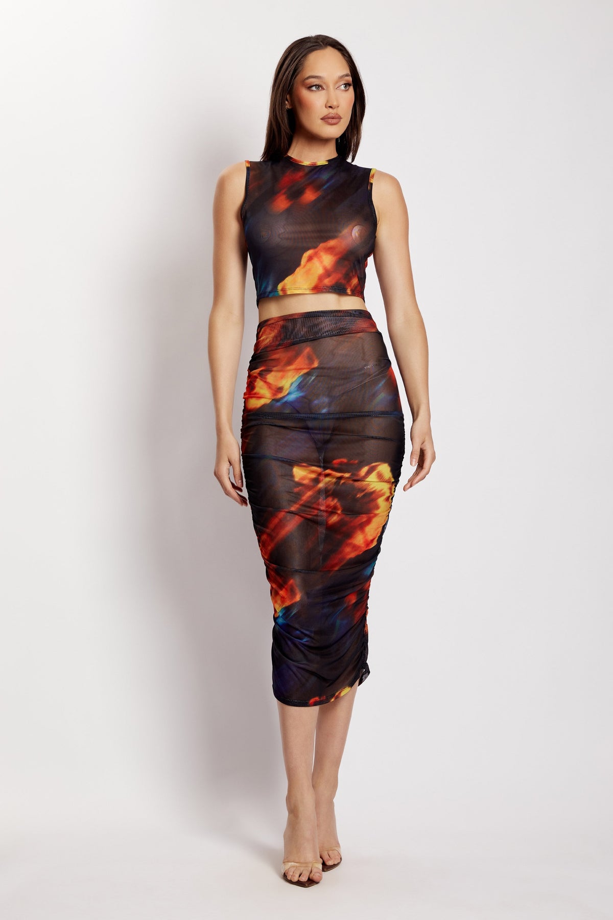Nessa Mesh Ruched Midi Skirt - Abstract Floral