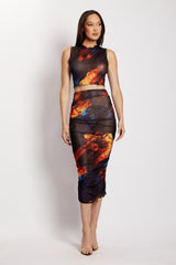 Nessa Mesh Ruched Midi Skirt - Abstract Floral