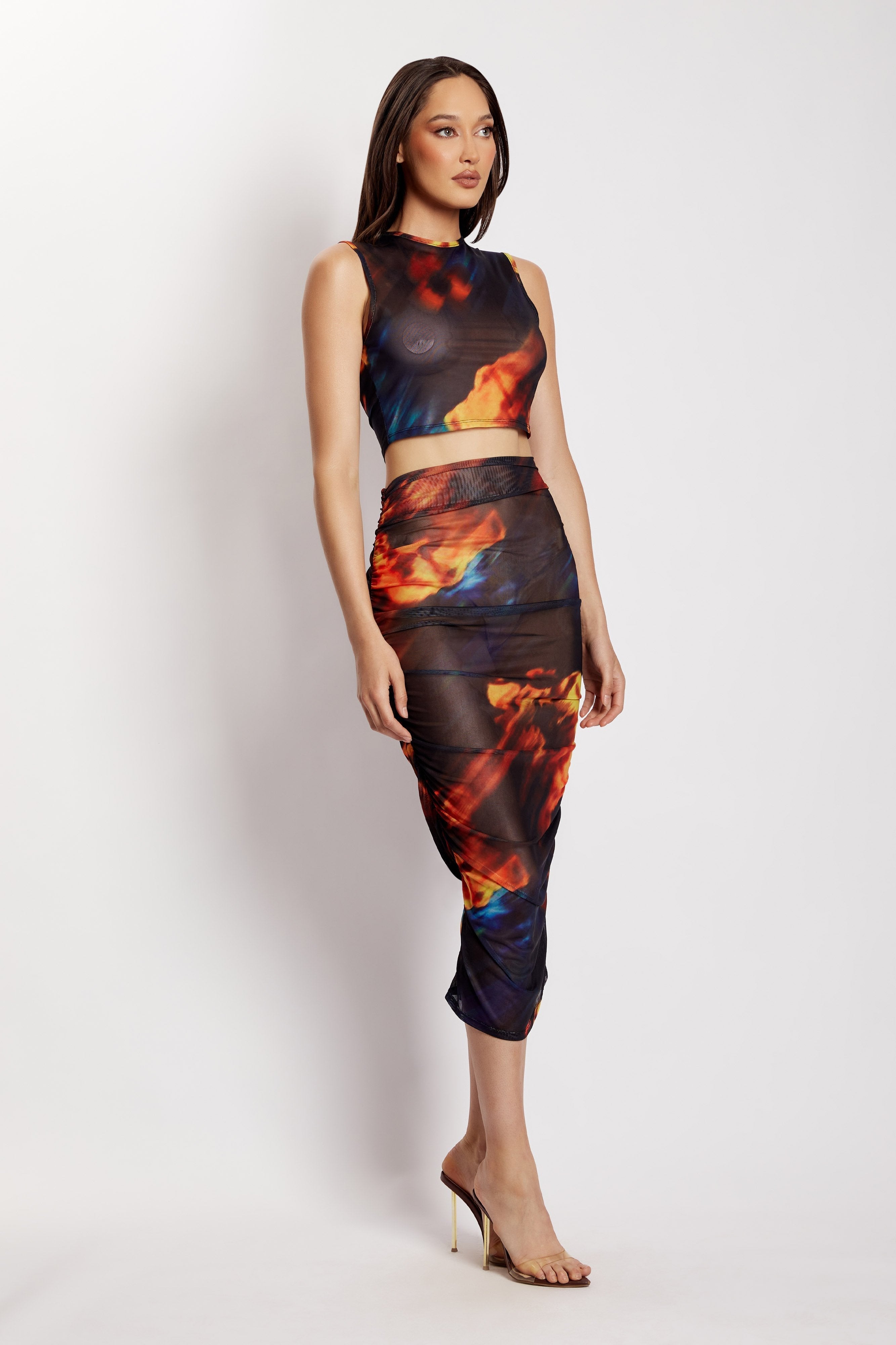 Nessa Mesh Ruched Midi Skirt - Abstract Floral