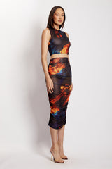 Nessa Mesh Ruched Midi Skirt - Abstract Floral